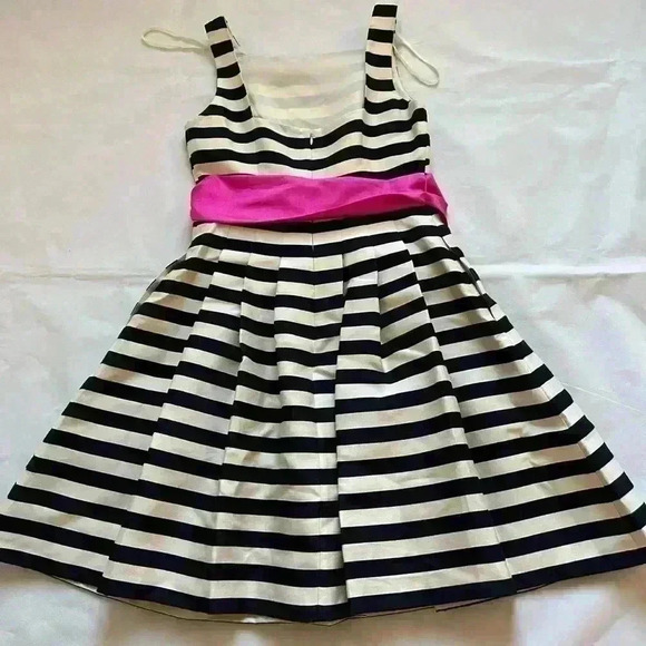 Eliza J Fit & Flare Pleated Navy Cream Striped Dress Belted Pink Bow Sash 6 - Picture 3 of 7